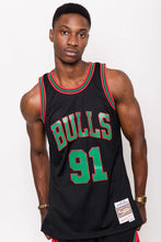 Load image into Gallery viewer, DENNIS RODMAN CHICAGO BULLS RED AND GREEN HARDWOOD CLASSIC SWINGMAN NBA JERSEY- MENS BLACK - Clique Apparel