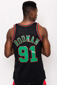 DENNIS RODMAN CHICAGO BULLS RED AND GREEN HARDWOOD CLASSIC SWINGMAN NBA JERSEY- MENS BLACK - Clique Apparel