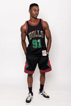 Load image into Gallery viewer, DENNIS RODMAN CHICAGO BULLS RED AND GREEN HARDWOOD CLASSIC SWINGMAN NBA JERSEY- MENS BLACK - Clique Apparel